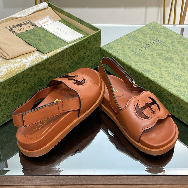 GG INTERLOCKING G CUT OUT SANDAL CARAMEL LAMBSKIN