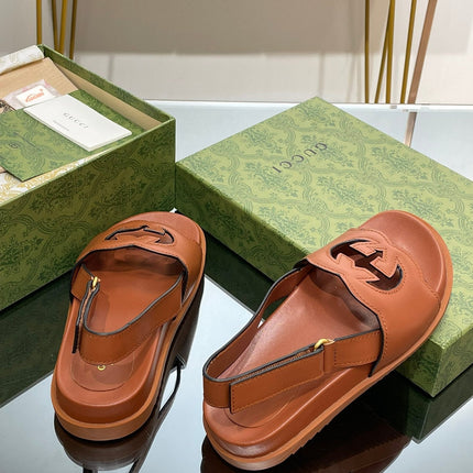 GG INTERLOCKING G CUT OUT SANDAL CARAMEL LAMBSKIN
