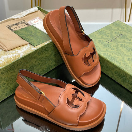 GG INTERLOCKING G CUT OUT SANDAL CARAMEL LAMBSKIN