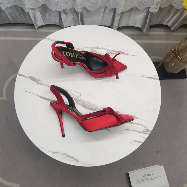 SLINGBACK PUMPS 10 CM IN CHERRY RED SILK AND SUEDE