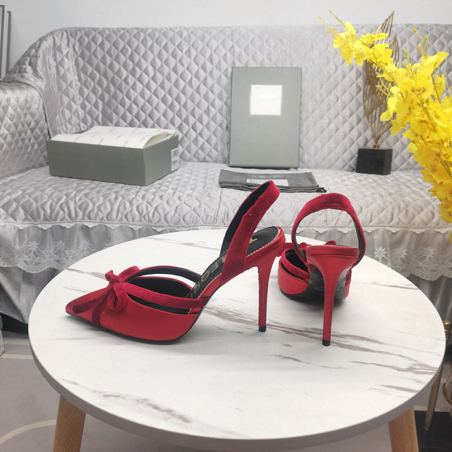 SLINGBACK PUMPS 10 CM IN CHERRY RED SILK AND SUEDE