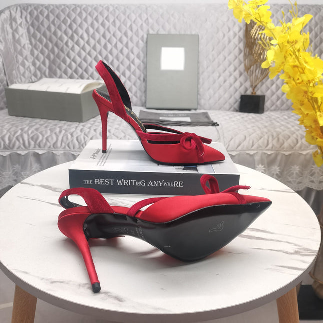 SLINGBACK PUMPS 10 CM IN CHERRY RED SILK AND SUEDE