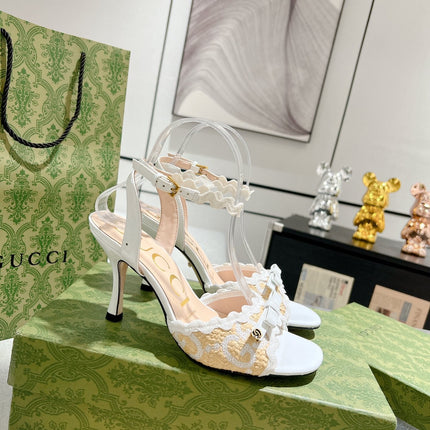 GG HIGH - HEEL SANDAL WHITE FABRIC ATTACH BOW