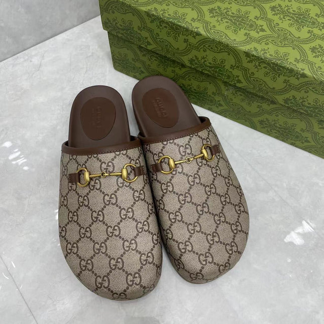 MULE WITH GOLD HORSEBIT IN BEIGE AND EBONY MONOGRAM CANVAS