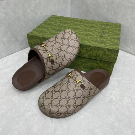 MULE WITH GOLD HORSEBIT IN BEIGE AND EBONY MONOGRAM CANVAS