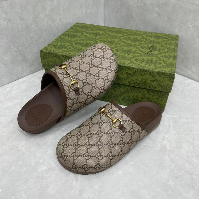 MULE WITH GOLD HORSEBIT IN BEIGE AND EBONY MONOGRAM CANVAS