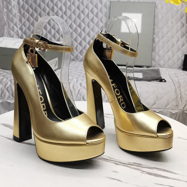 PADLOCK PLATFORM PEEP TOE PUMP 14 CM IN GOLD GRAINED CALFSKIN