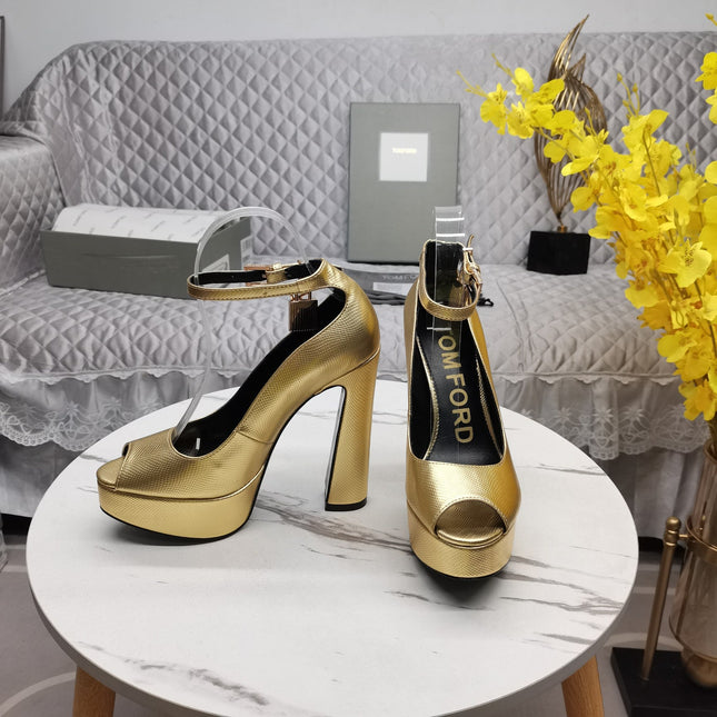 PADLOCK PLATFORM PEEP TOE PUMP 14 CM IN GOLD GRAINED CALFSKIN