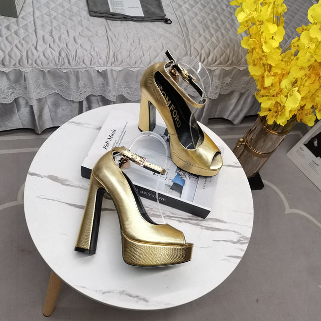 PADLOCK PLATFORM PEEP TOE PUMP 14 CM IN GOLD GRAINED CALFSKIN