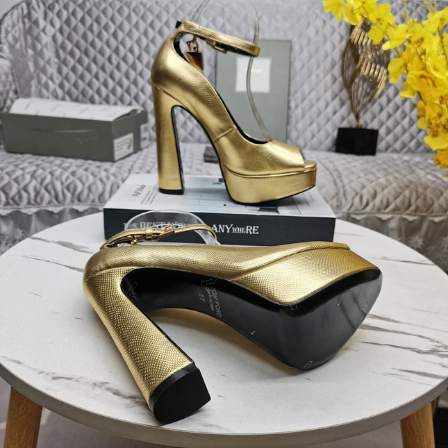 PADLOCK PLATFORM PEEP TOE PUMP 14 CM IN GOLD GRAINED CALFSKIN
