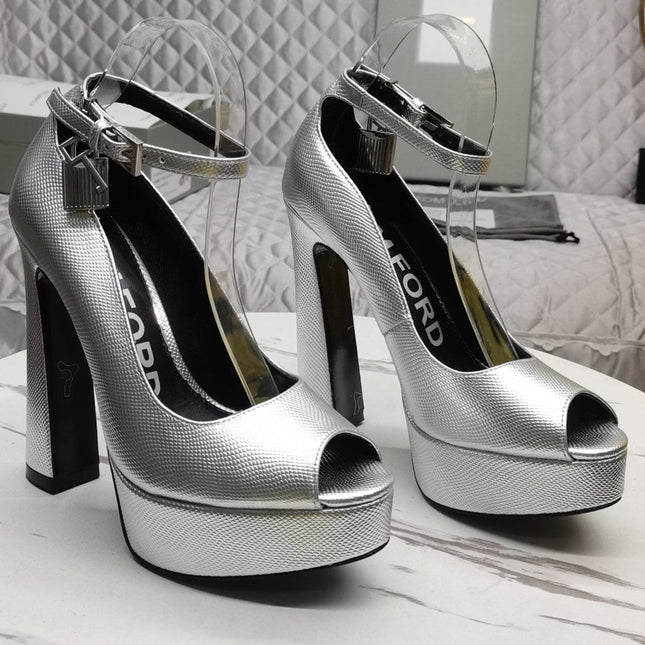 PADLOCK PLATFORM PEEP TOE PUMP 14 CM IN SILVER GRAINED CALFSKIN