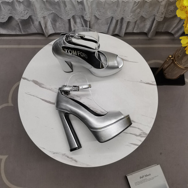 PADLOCK PLATFORM PEEP TOE PUMP 14 CM IN SILVER GRAINED CALFSKIN