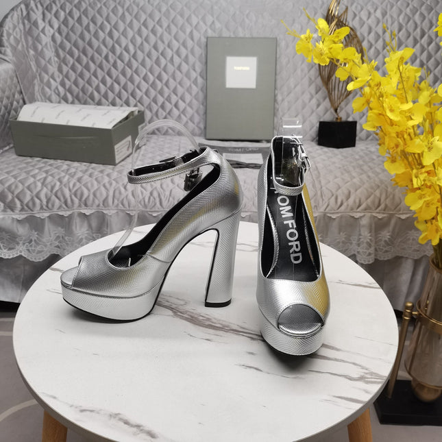 PADLOCK PLATFORM PEEP TOE PUMP 14 CM IN SILVER GRAINED CALFSKIN
