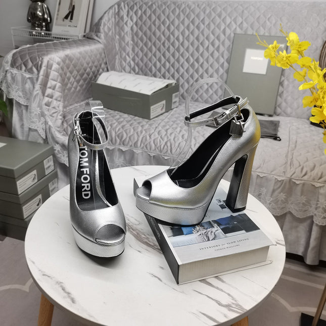 PADLOCK PLATFORM PEEP TOE PUMP 14 CM IN SILVER GRAINED CALFSKIN