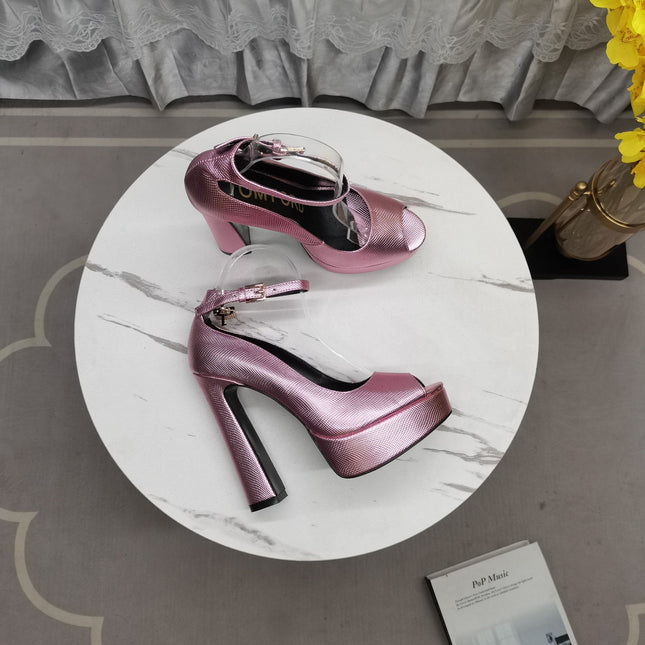 PADLOCK PLATFORM PEEP TOE PUMP 14 CM IN WATERMELON PINK GRAINED CALFSKIN