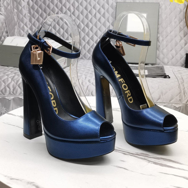 PADLOCK PLATFORM PEEP TOE PUMP 14 CM IN NAVY BLUE GRAINED CALFSKIN