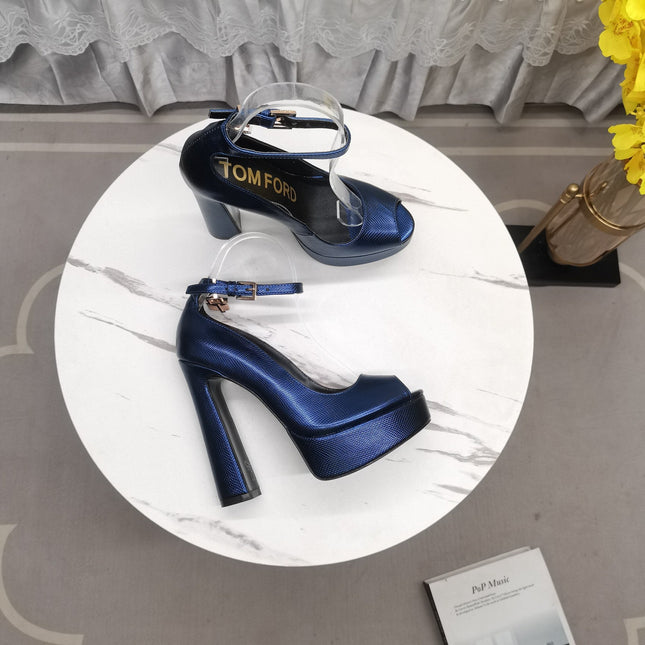 PADLOCK PLATFORM PEEP TOE PUMP 14 CM IN NAVY BLUE GRAINED CALFSKIN