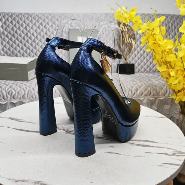 PADLOCK PLATFORM PEEP TOE PUMP 14 CM IN NAVY BLUE GRAINED CALFSKIN