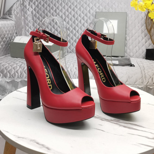 PADLOCK PLATFORM PEEP TOE PUMP 14 CM IN RUBY RED CALFSKIN