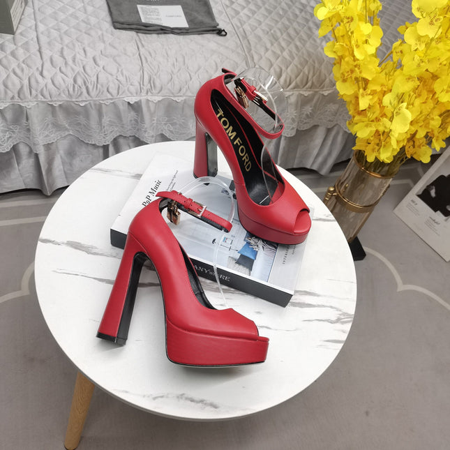 PADLOCK PLATFORM PEEP TOE PUMP 14 CM IN RUBY RED CALFSKIN