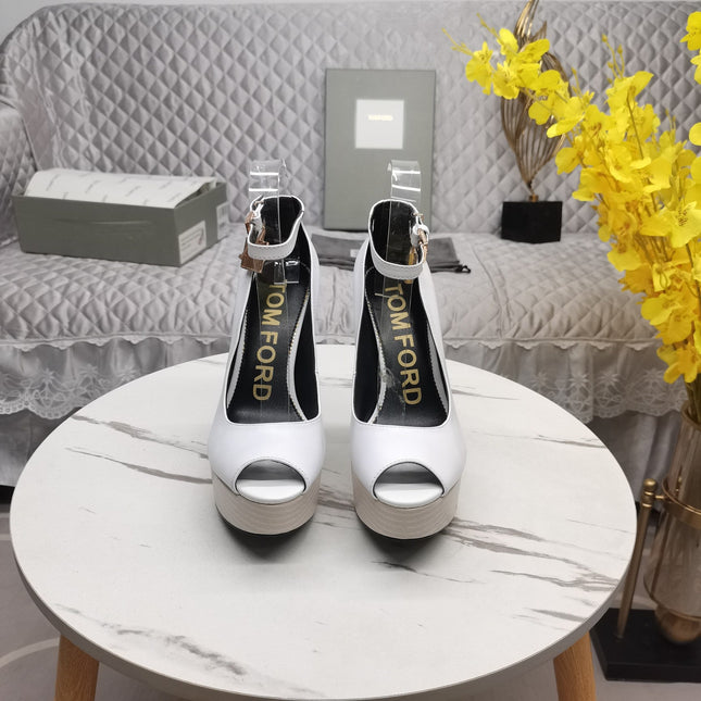 PADLOCK PLATFORM PEEP TOE PUMP 14 CM IN WHITE CALFSKIN