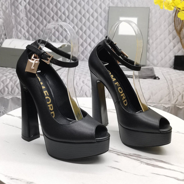 PADLOCK PLATFORM PEEP TOE PUMP 14 CM IN BLACK CALFSKIN