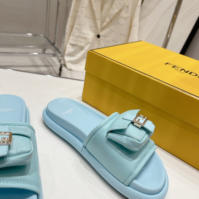 FENDI BAGUETTE SLIPPERS IN SKY BLUE LAMBSKIN WITH GOLD HARDWARE