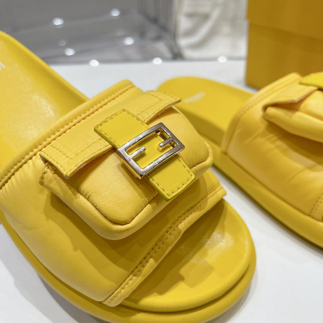 FENDI BAGUETTE SLIPPERS IN NAPLES YELLOW LAMBSKIN WITH GOLD HARDWARE