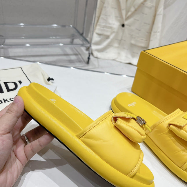 FENDI BAGUETTE SLIPPERS IN NAPLES YELLOW LAMBSKIN WITH GOLD HARDWARE