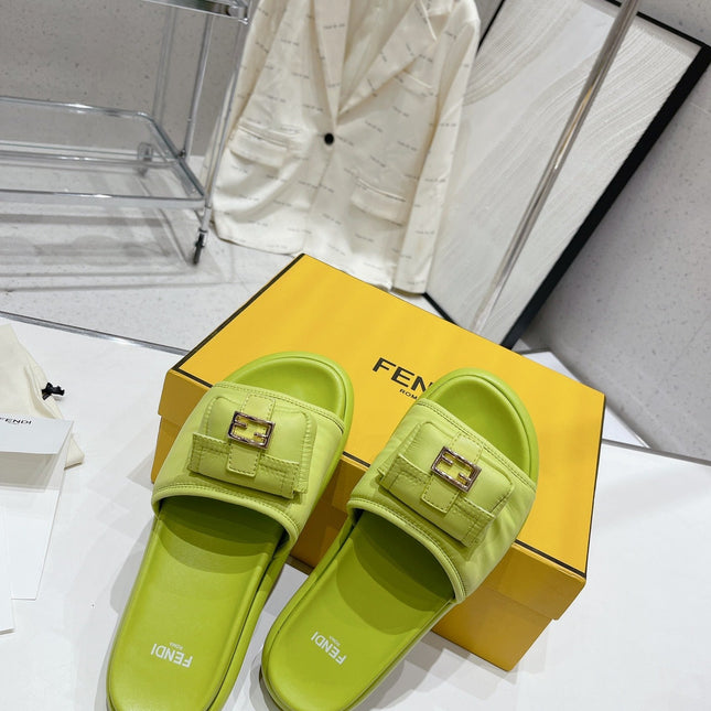 FENDI BAGUETTE SLIPPERS IN PEAR GREEN LAMBSKIN WITH GOLD HARDWARE