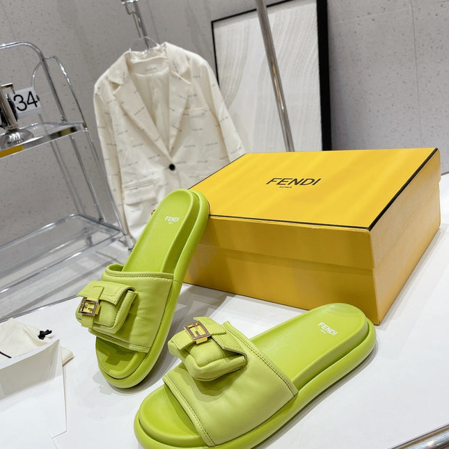 FENDI BAGUETTE SLIPPERS IN PEAR GREEN LAMBSKIN WITH GOLD HARDWARE