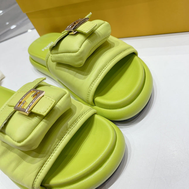 FENDI BAGUETTE SLIPPERS IN PEAR GREEN LAMBSKIN WITH GOLD HARDWARE