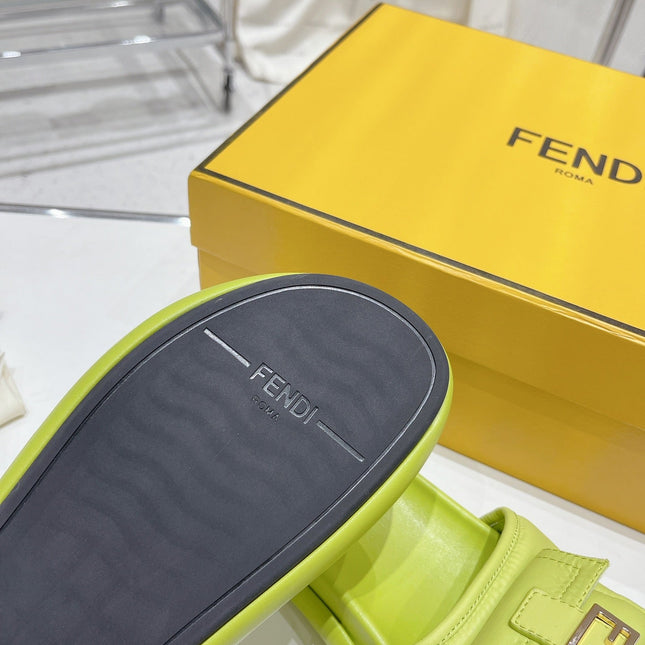 FENDI BAGUETTE SLIPPERS IN PEAR GREEN LAMBSKIN WITH GOLD HARDWARE