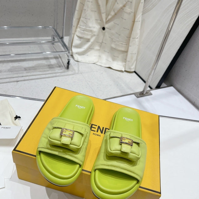 FENDI BAGUETTE SLIPPERS IN PEAR GREEN LAMBSKIN WITH GOLD HARDWARE