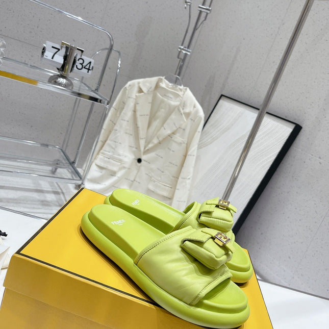 FENDI BAGUETTE SLIPPERS IN PEAR GREEN LAMBSKIN WITH GOLD HARDWARE