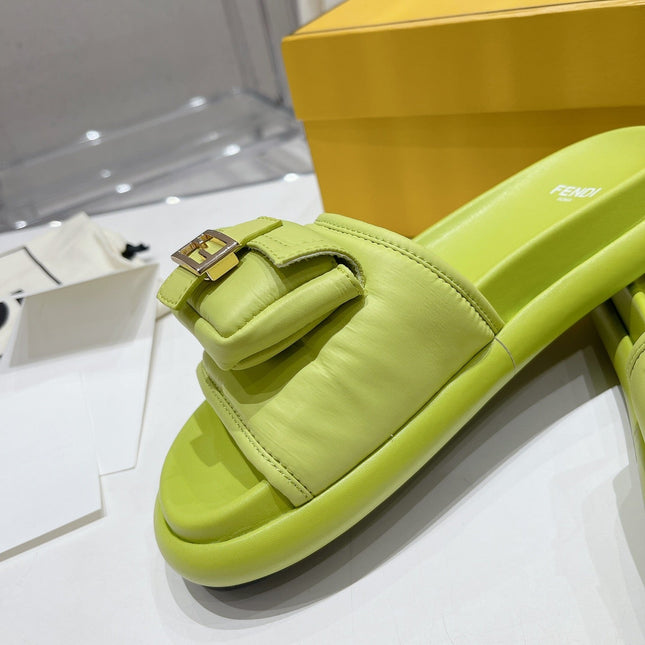 FENDI BAGUETTE SLIPPERS IN PEAR GREEN LAMBSKIN WITH GOLD HARDWARE