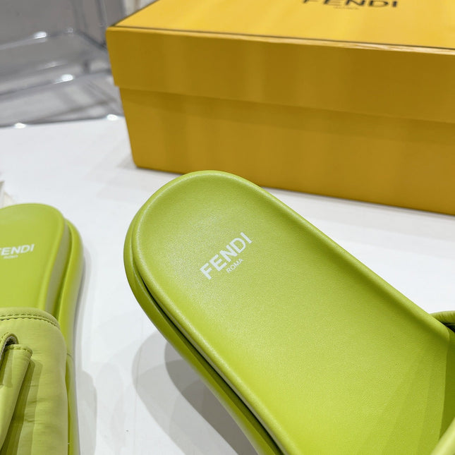 FENDI BAGUETTE SLIPPERS IN PEAR GREEN LAMBSKIN WITH GOLD HARDWARE