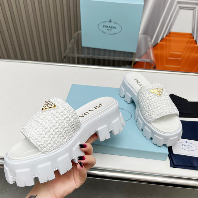 PRA THICK-SOLED CROCHET SANDALS WHITE WOVEN FABRIC