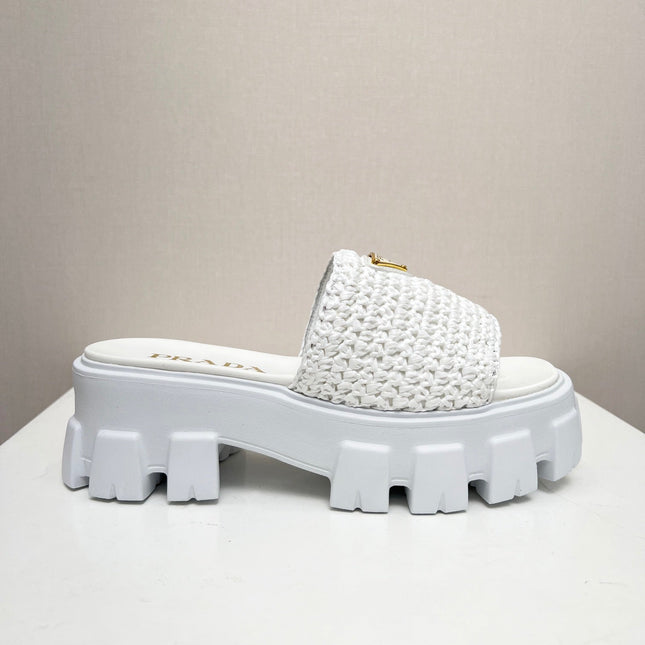 PRA THICK-SOLED CROCHET SANDALS WHITE WOVEN FABRIC