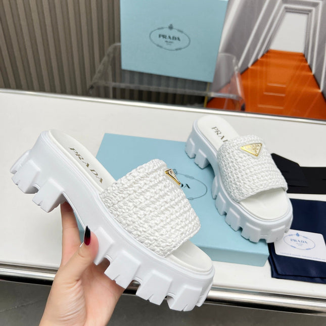 PRA THICK-SOLED CROCHET SANDALS WHITE WOVEN FABRIC