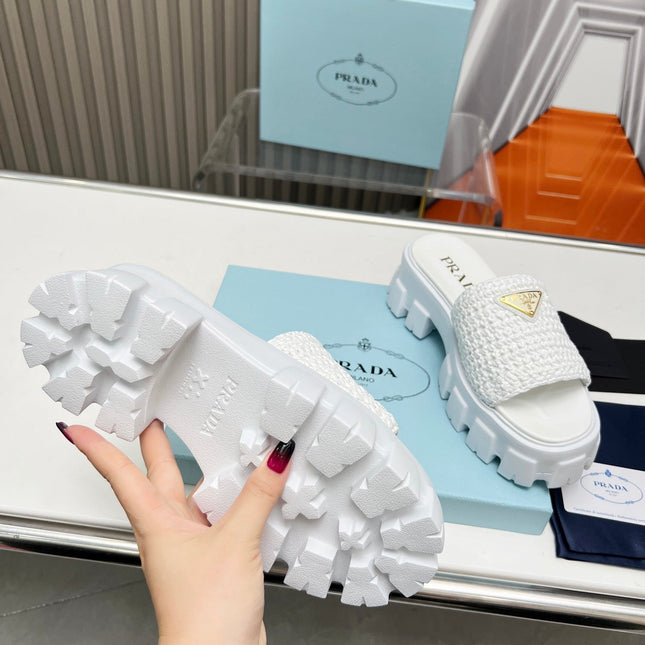 PRA THICK-SOLED CROCHET SANDALS WHITE WOVEN FABRIC