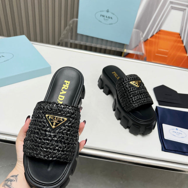 PRA THICK-SOLED CROCHET SANDALS BLACK WOVEN FABRIC