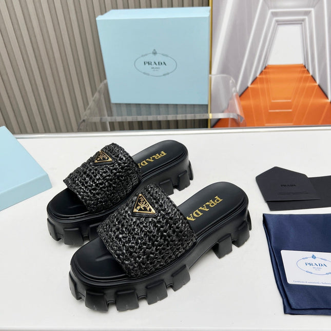 PRA THICK-SOLED CROCHET SANDALS BLACK WOVEN FABRIC