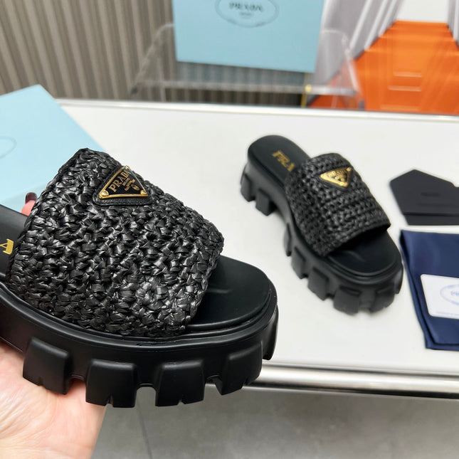 PRA THICK-SOLED CROCHET SANDALS BLACK WOVEN FABRIC