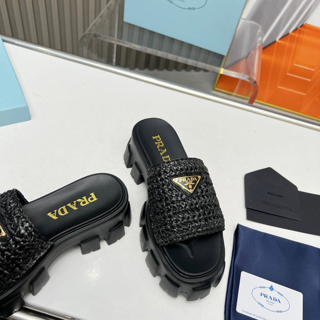 PRA THICK-SOLED CROCHET SANDALS BLACK WOVEN FABRIC