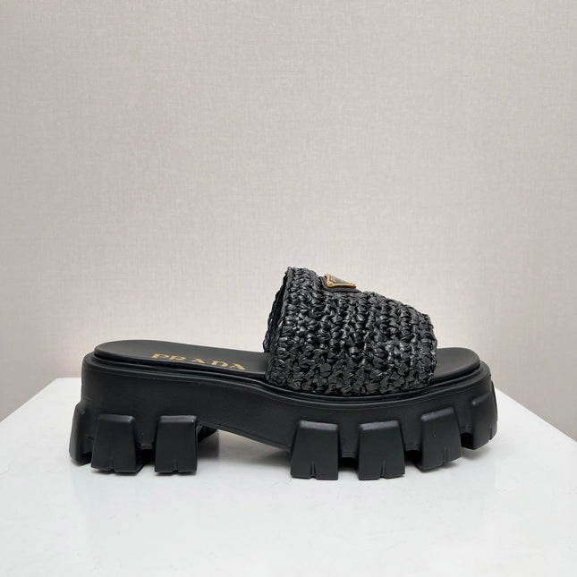 PRA THICK-SOLED CROCHET SANDALS BLACK WOVEN FABRIC