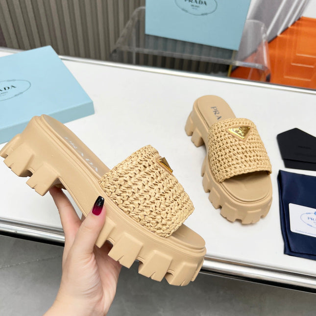 PRA THICK-SOLED CROCHET SANDALS BEIGE WOVEN FABRIC