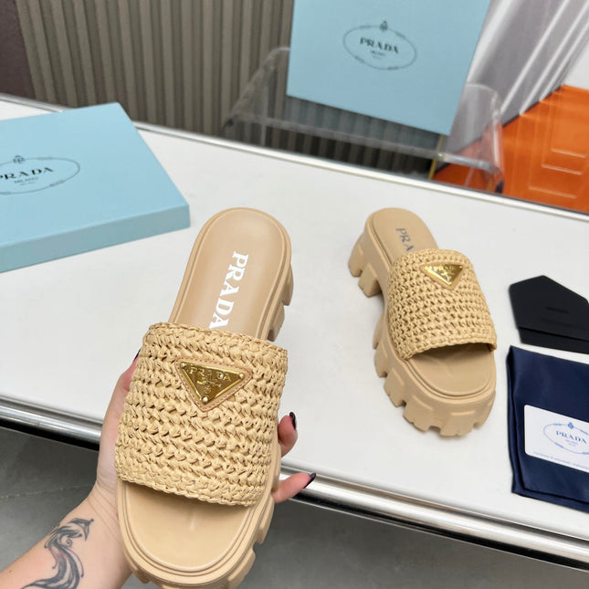 PRA THICK-SOLED CROCHET SANDALS BEIGE WOVEN FABRIC