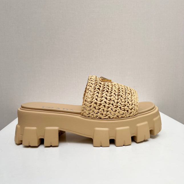 PRA THICK-SOLED CROCHET SANDALS BEIGE WOVEN FABRIC