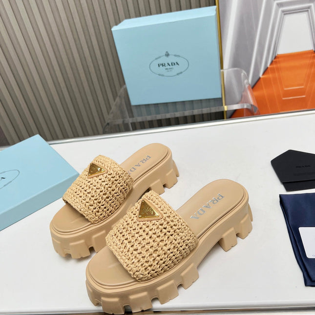 PRA THICK-SOLED CROCHET SANDALS BEIGE WOVEN FABRIC